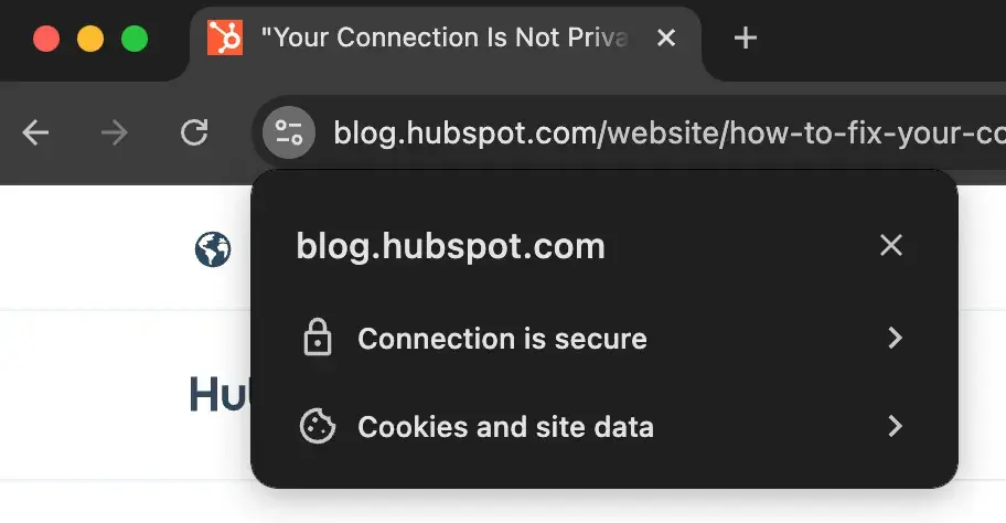 browser’s URL bar displaying URL https://blog.hubspot.com/website/how-to-fix-your-connection-is-not-private and website info menu in Chrome browser