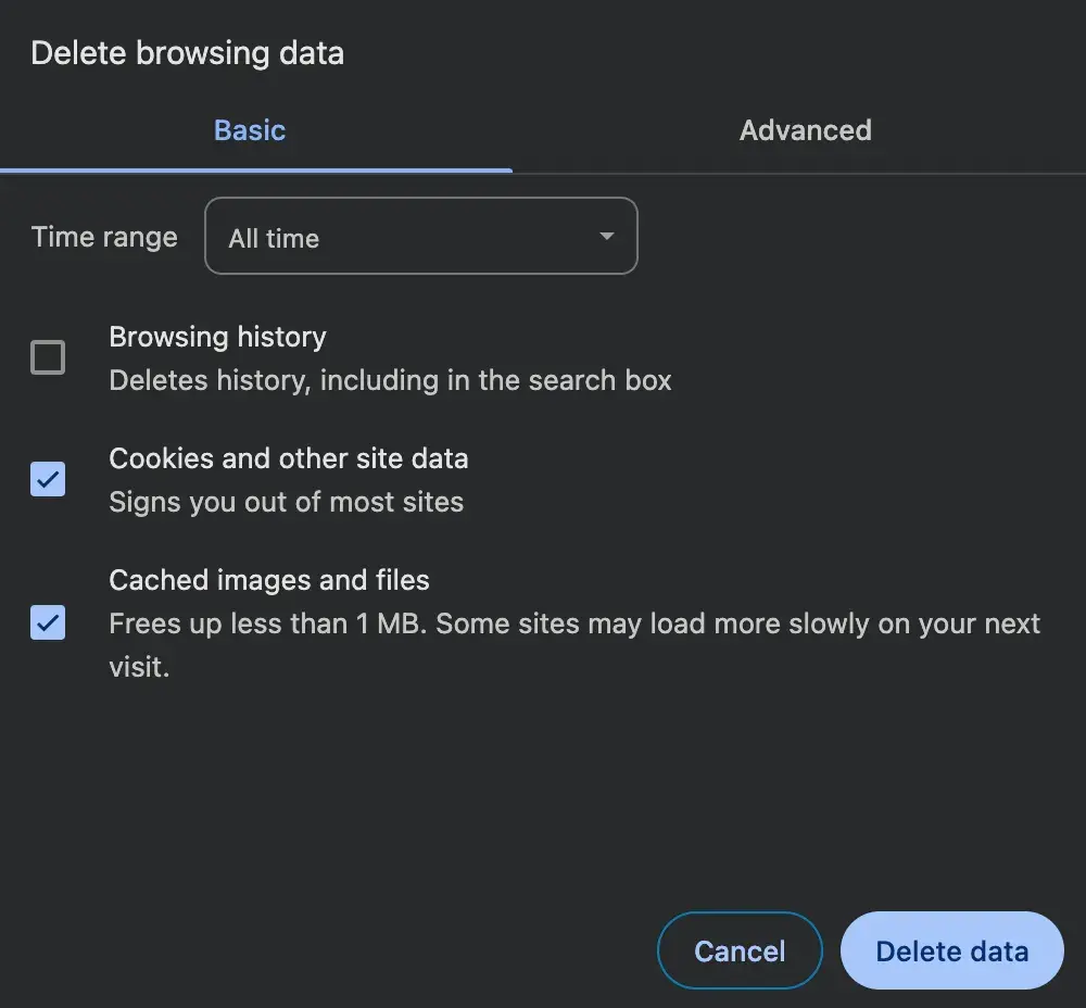 window to delete browsing data in Chrome browser