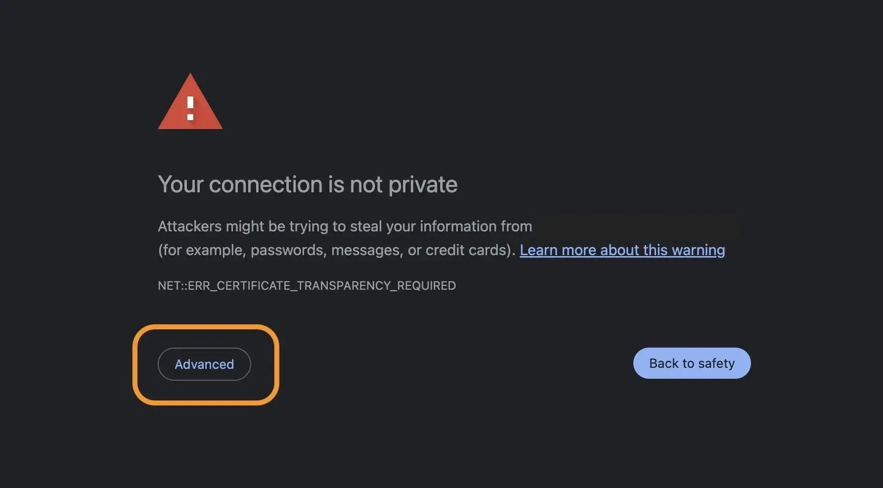 your connection is not private, warning displayed by browser stating “Your connection is not private” with the “Advanced” button being highlighted