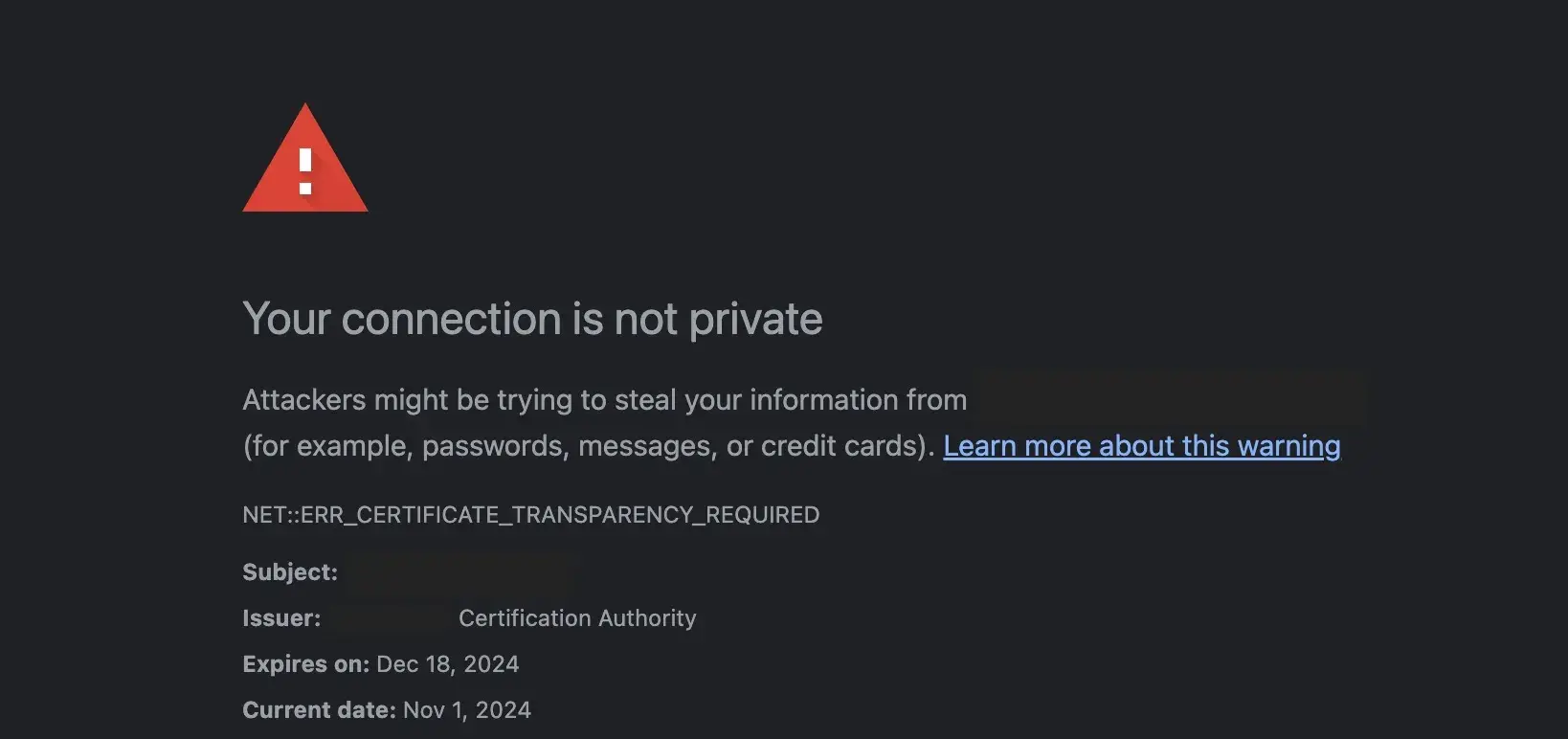 your connection is not private, warning displayed by browser stating “Your connection is not private” with certificate information displayed after clicking on the error code