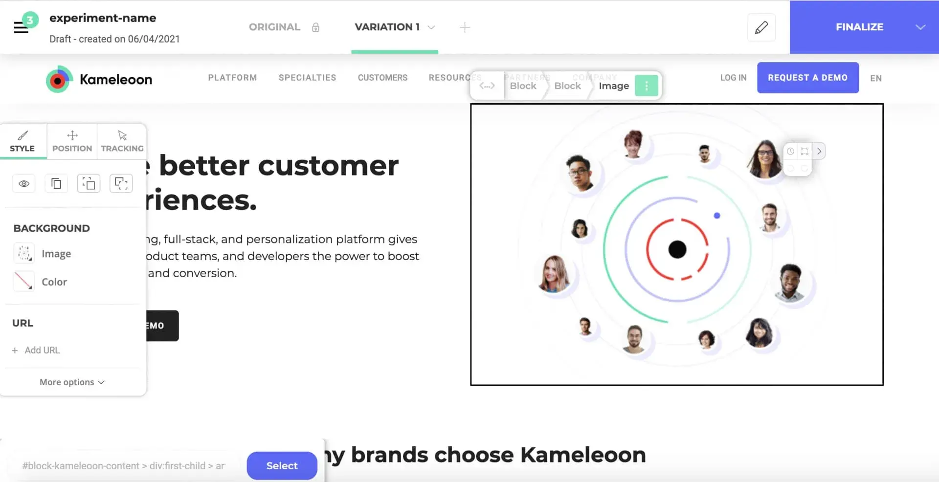 best a/b testing platform, kameleoon experiment editor panel