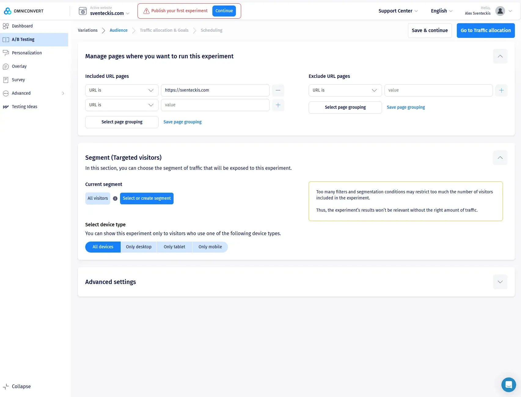 A/B testing tools, audience segmentation panel in OmniConvert Explore