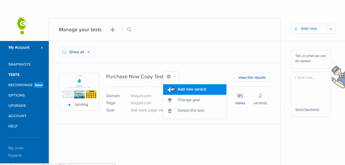 a/b testing services, crazy egg test creation dashboard