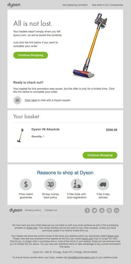 dyson, abandoned cart email