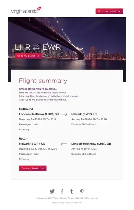 virgin atlantic, abandoned cart email