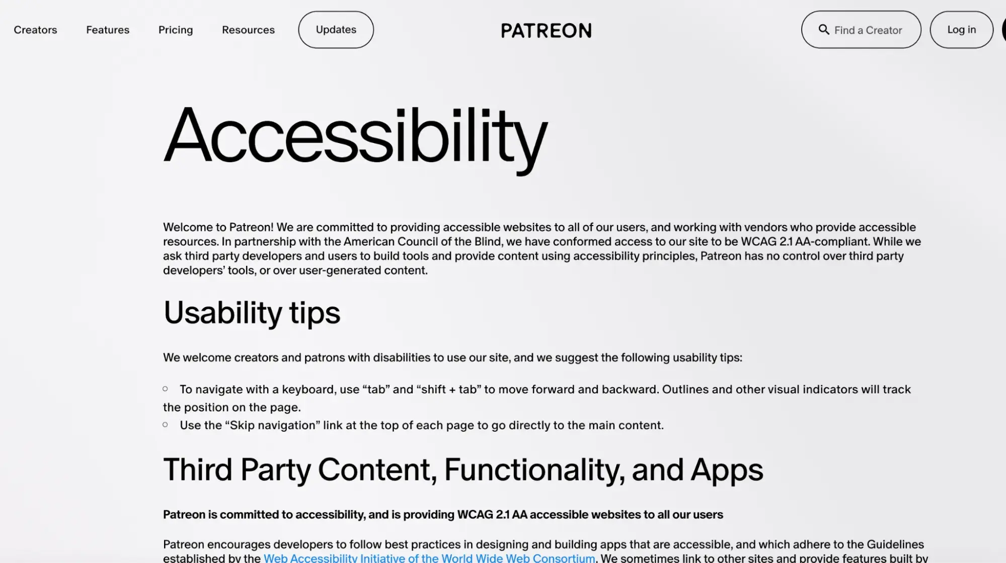 Patreon’s accessibility page explains how you can use the site’s accessibility features