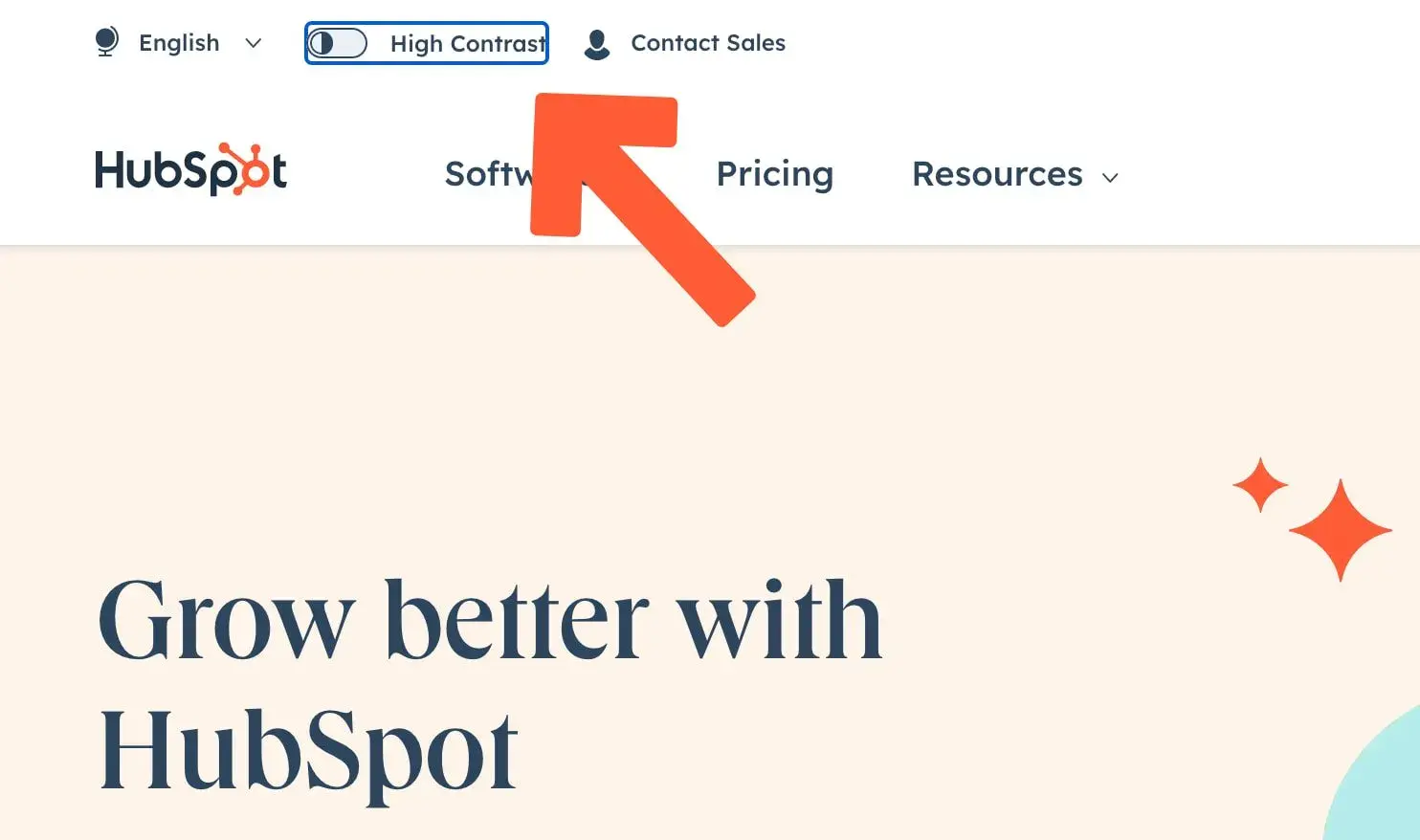 Screenshot of HubSpot website with high contrast accessibility option