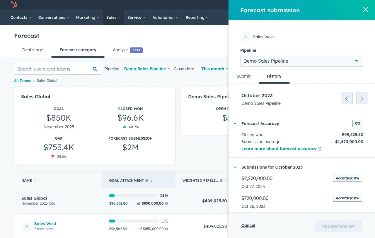 hubspot forecasting software interface