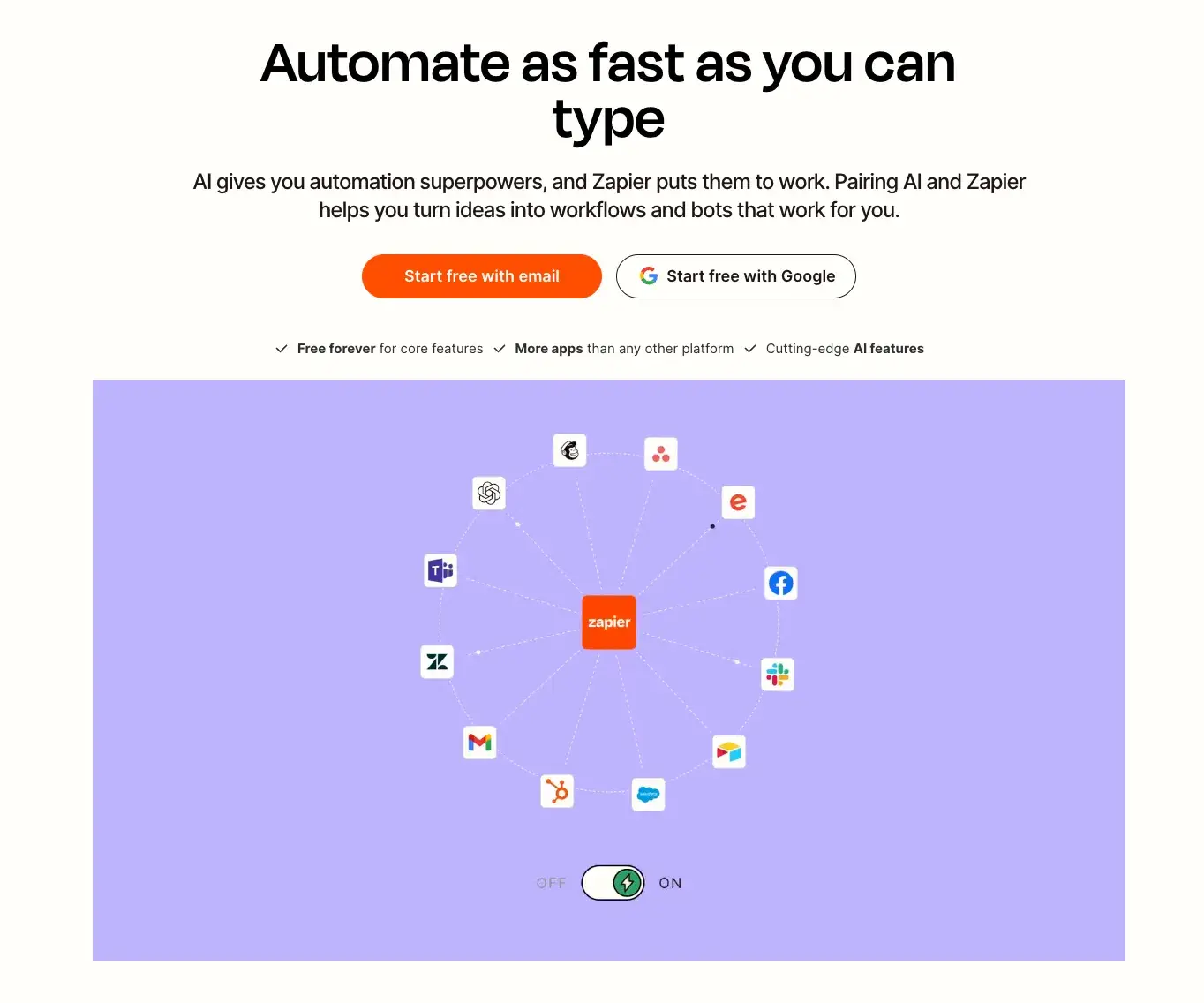 homepage of the AI integration tool Zapier