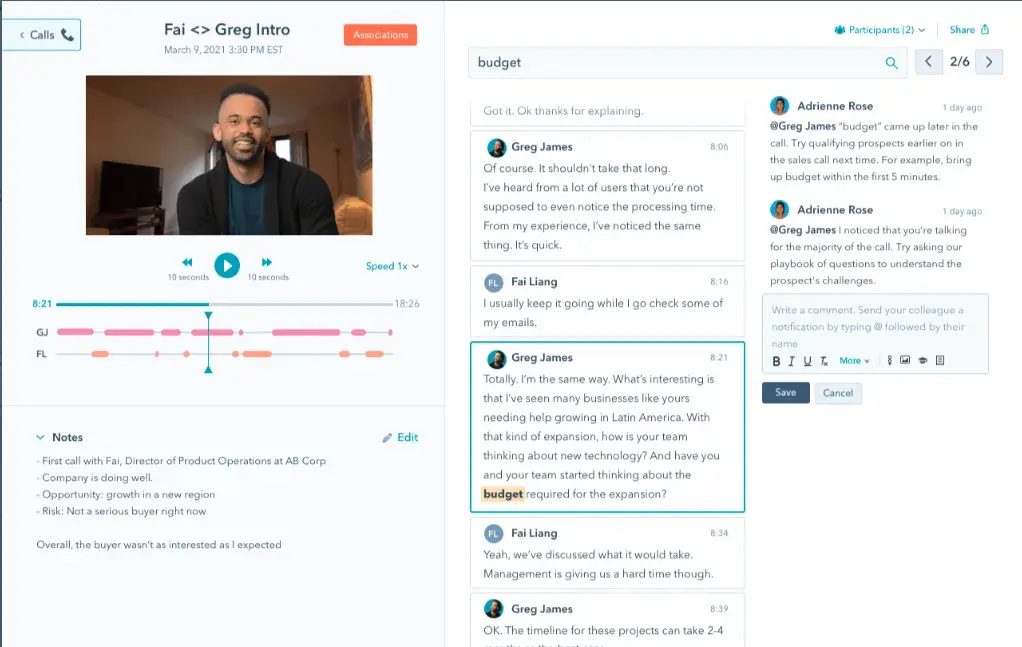 screenshot of hubspot conversation intelligence interface