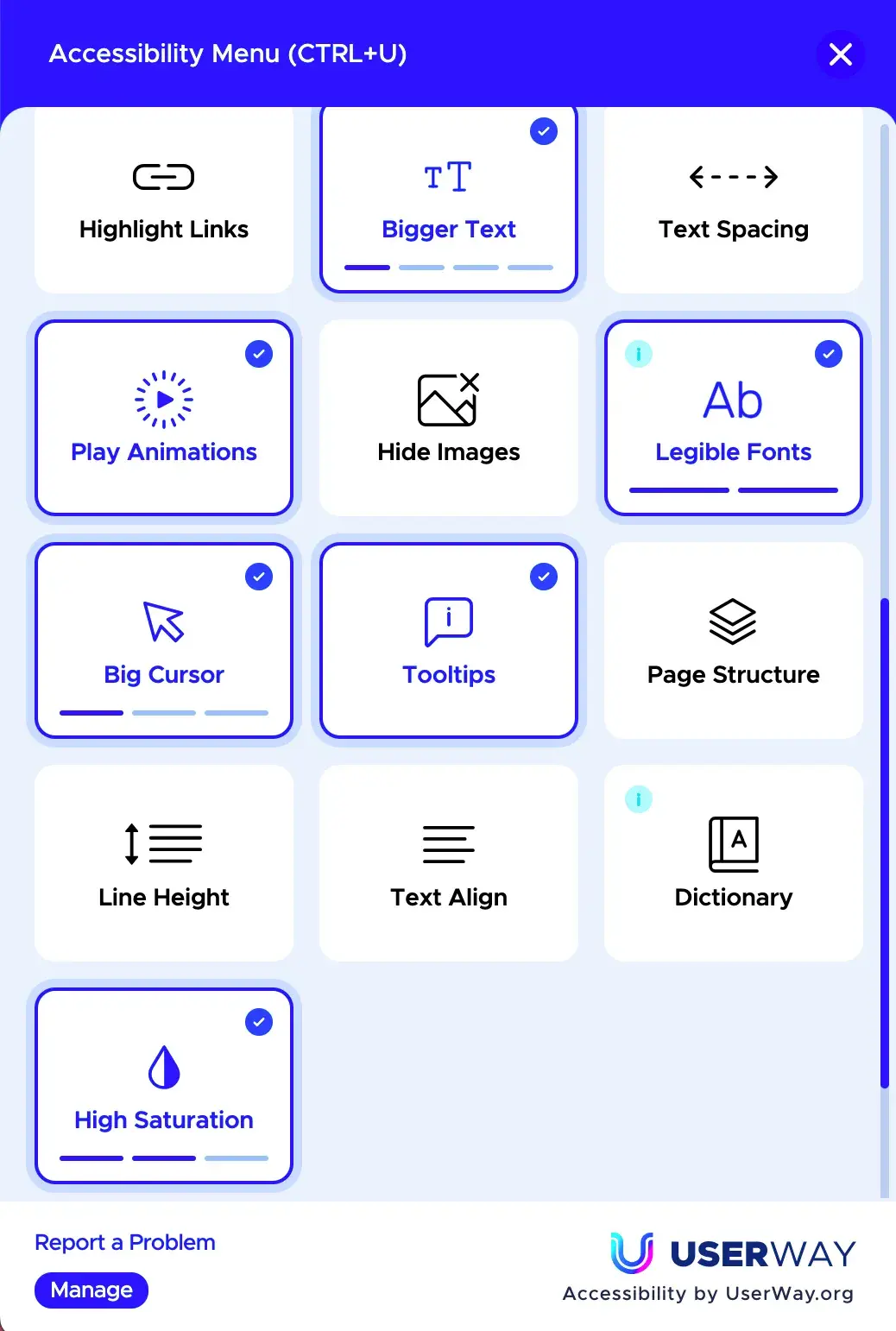 userway web accessibility menu with full accessibility menu