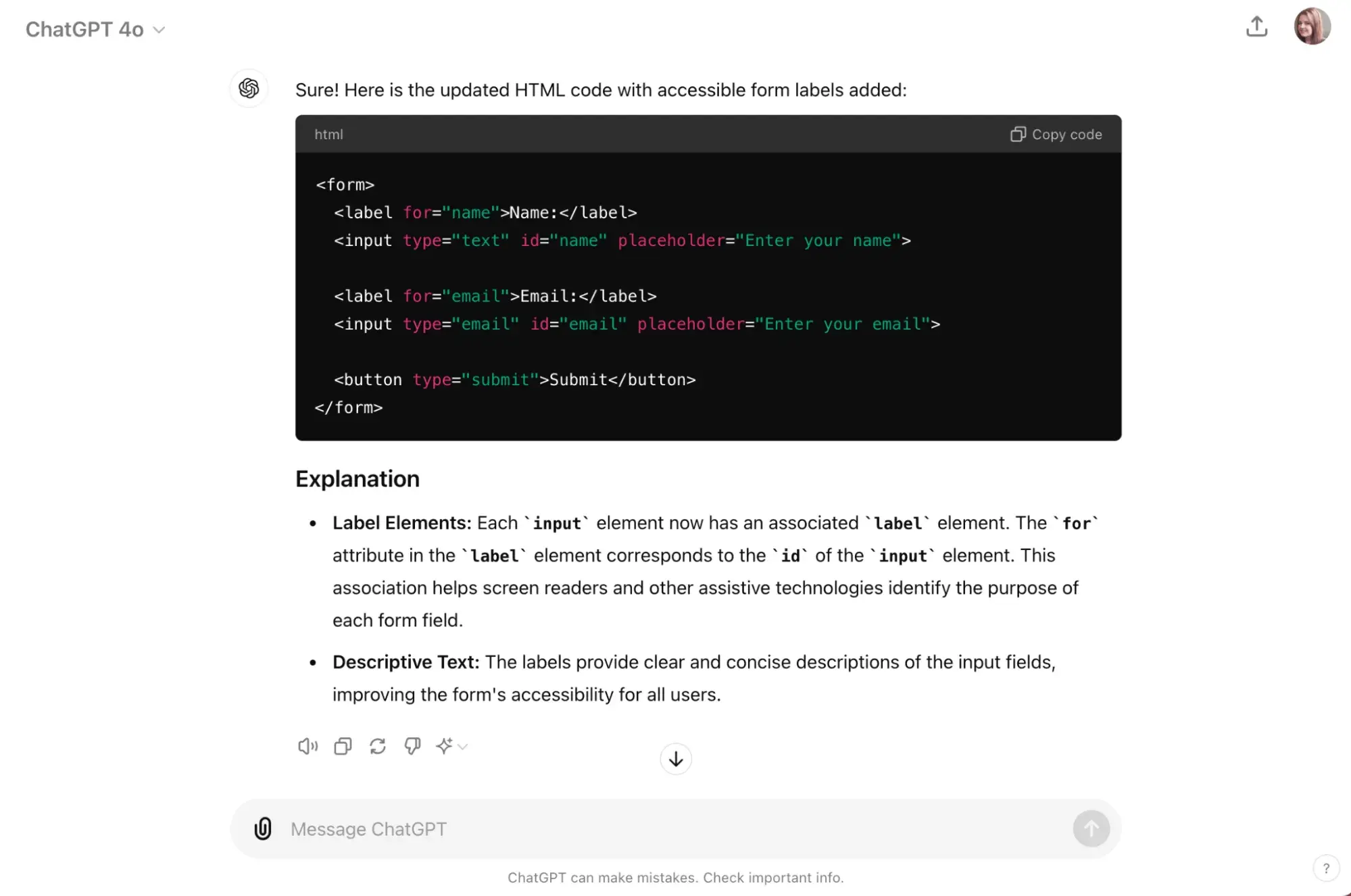 chaptgpt providing accessible html labels 