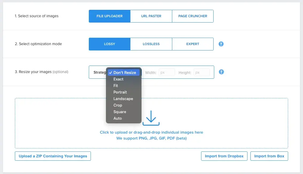 A screenshot of the Web Interface PRO file uploader, allowing me to source my images, select optimization mode, and resize my images.