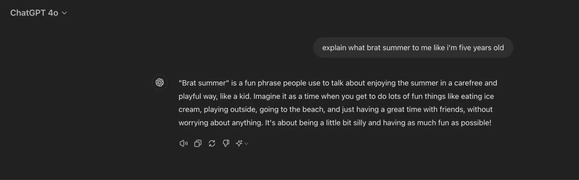 Dark mode screenshot showing ChatGPT’s answer to “explain brat summer to me like I’m five years old”