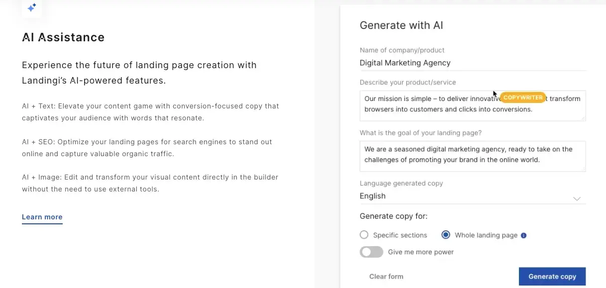 A screenshot of ai landing page builder Landingi with the “Generate with AI” form, asking the user to describe their product and the goal of the landing page.