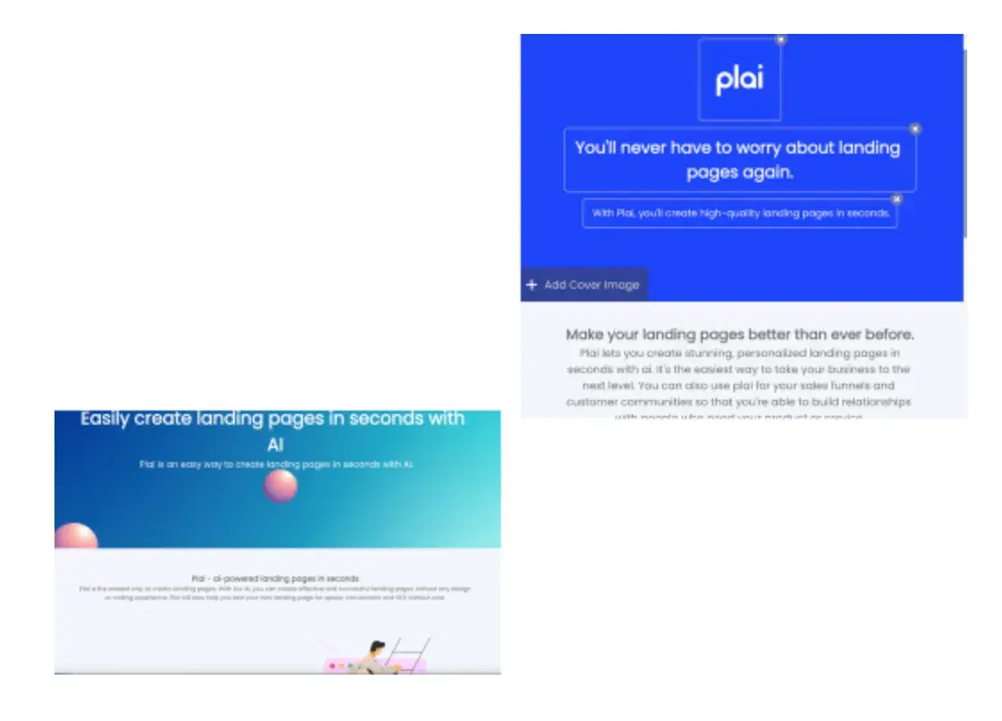 A screenshot of two landing pages being edited in the Plai platform, an ai landing page builder.