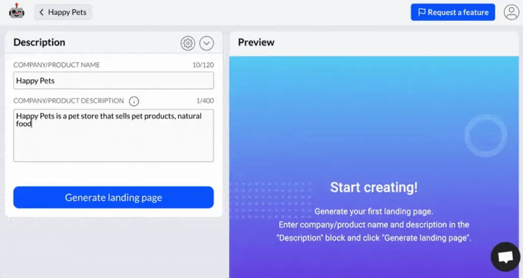 AI landing page builder. A screenshot of the editor features a form on the left titled “Description,” where the user inputs the company name and company description. A preview panel is on the right.