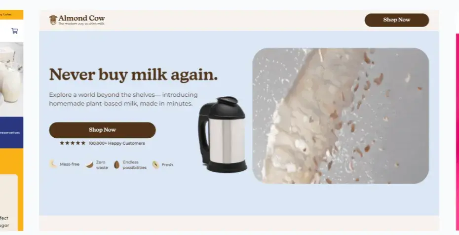 A screenshot of a landing page with a large header reading, “Never buy milk again,” made with an ai landing page builder.