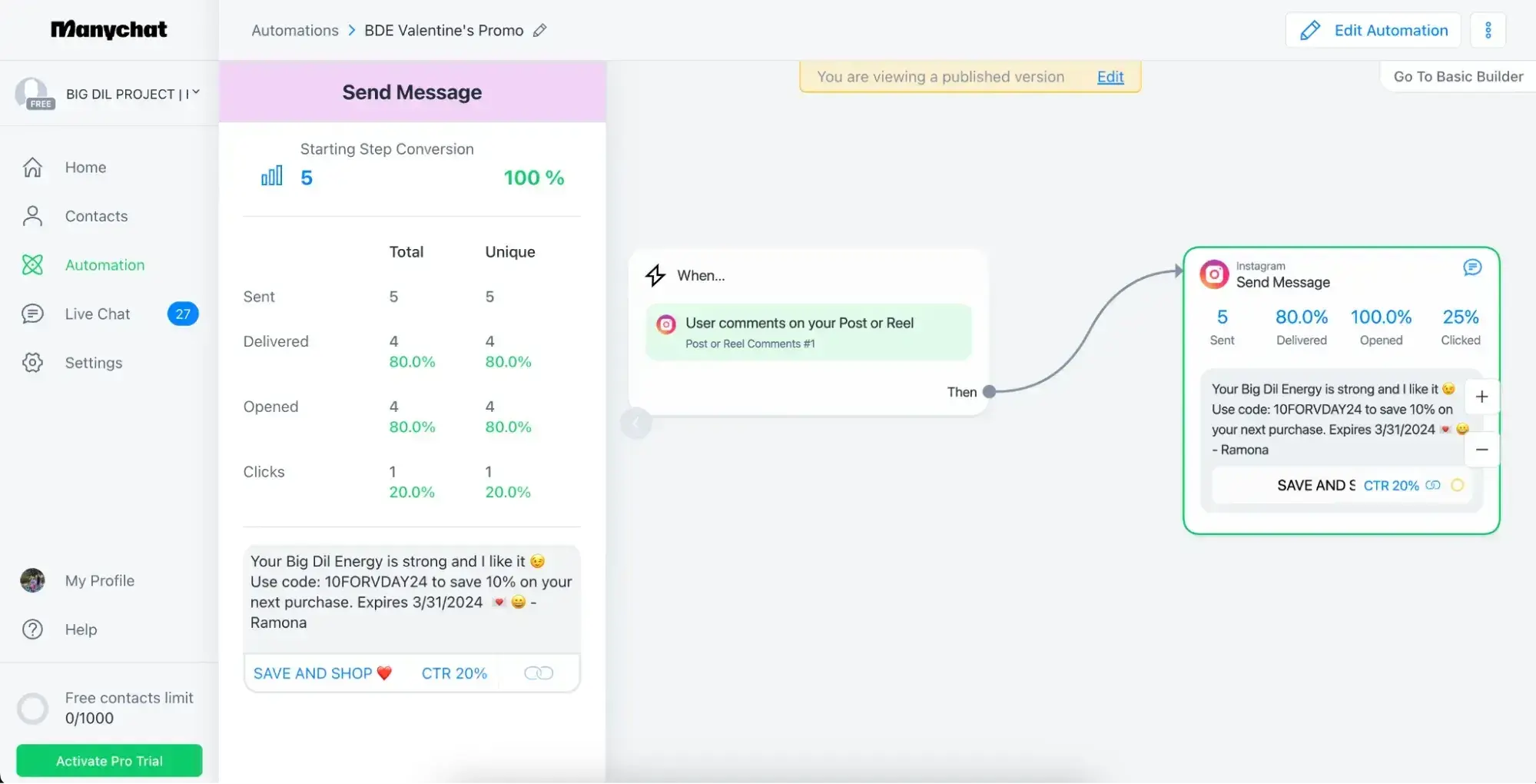 Screenshot showing how automation can look like in ManyChat's backend