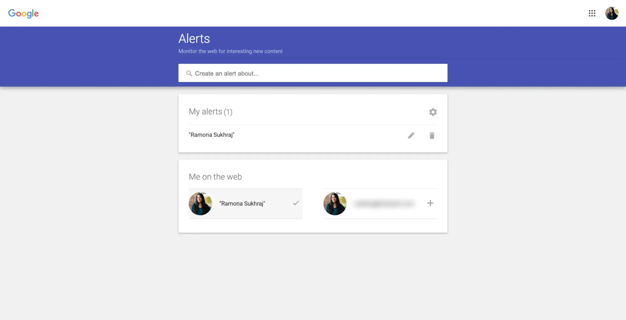 Screenshot of Google Alerts page