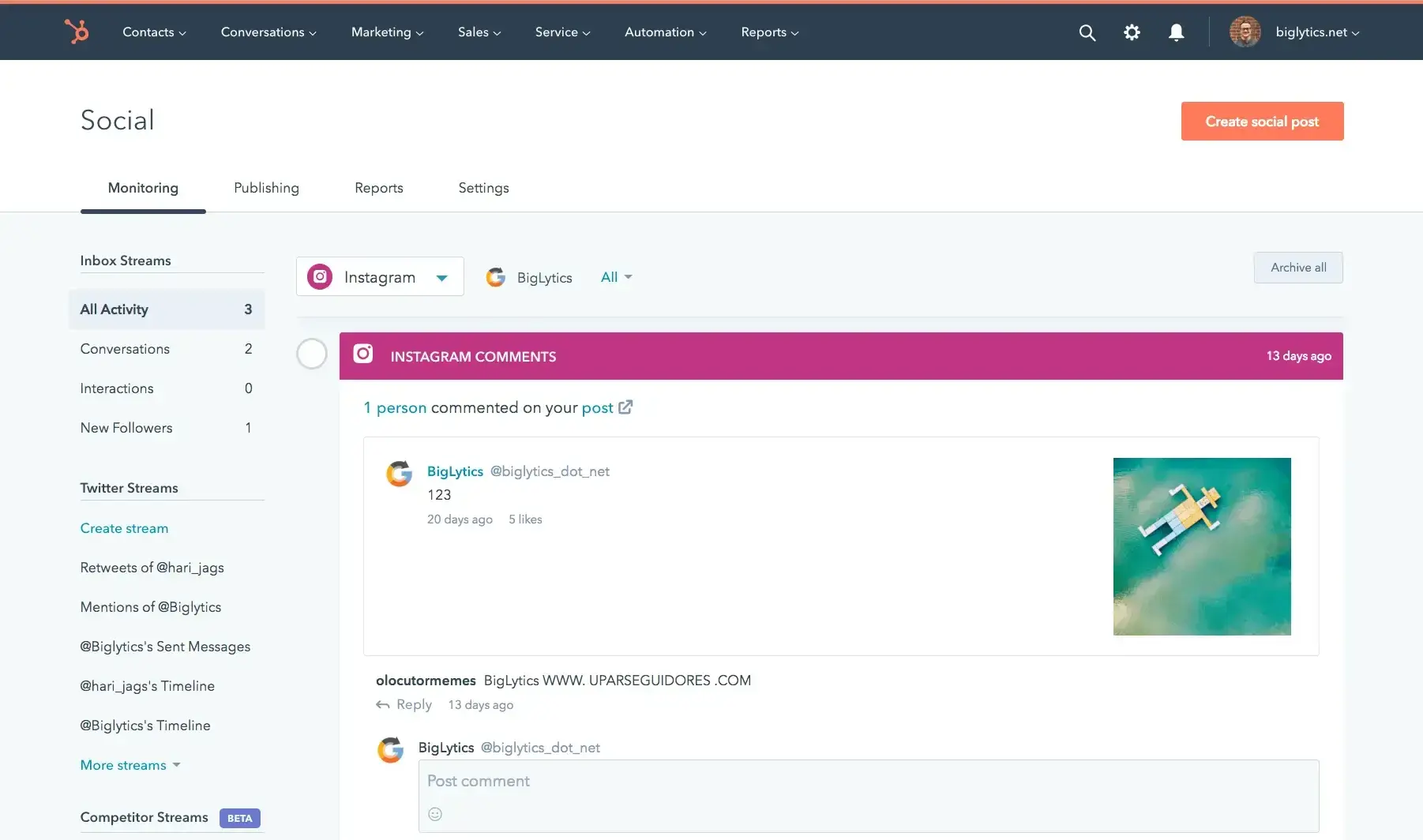 Screenshot showing the HubSpot social monitoring tool