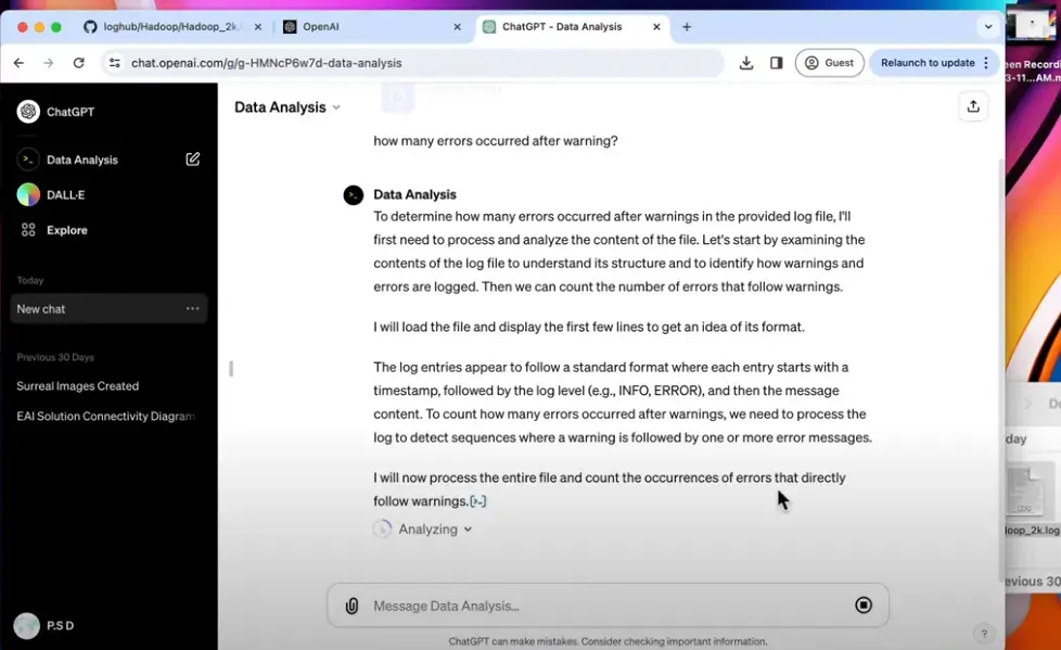  using Open AI’s Data Analysis GPT to analyze a log file 
