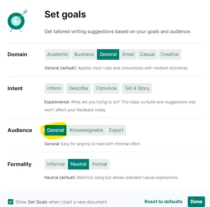  Setting the Audience goals in Grammarly