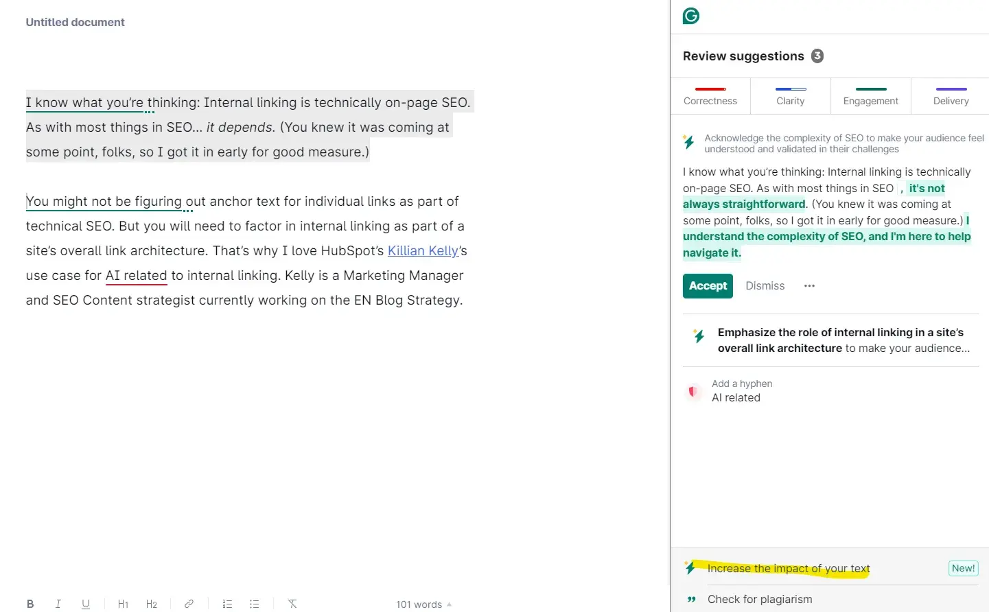  using the Increase the impact of your text feature in Grammarly