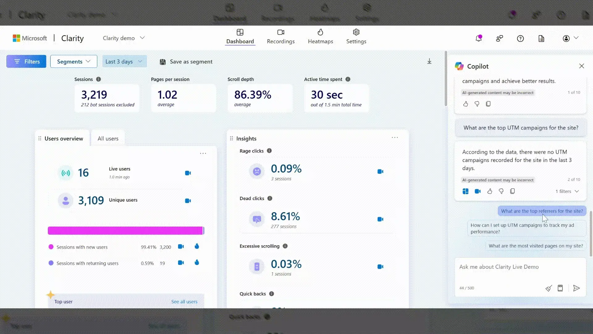 Screenshot shows Microsoft Clarity’s AI feature, Copilot, on the right-hand side.