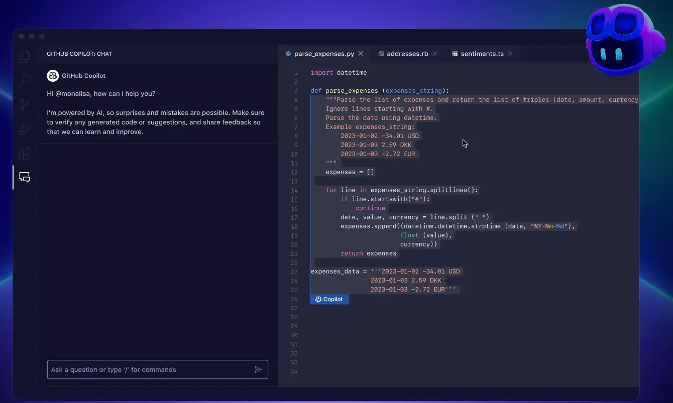 Screenshot of Github Copilot AI tool for web development 