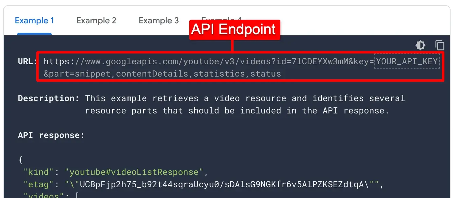 API endpoint example from YouTube