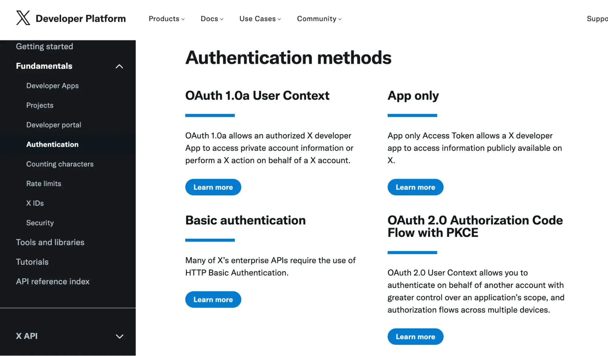 Twitter’s developer platform page with authentication methods listed