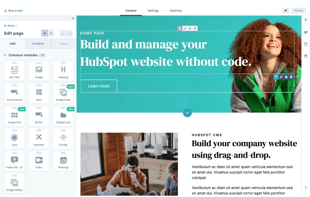 HubSpot's drag-and-drop page editor