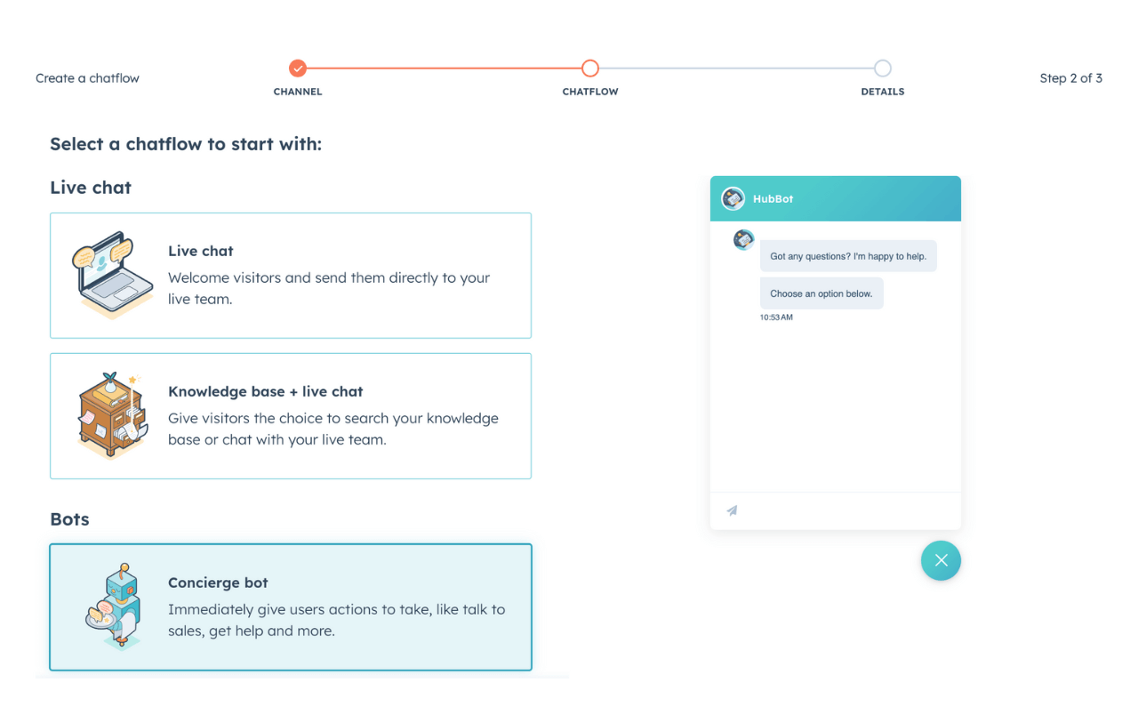 HubSpot chatflow builder UI showing different chatflow options, including chatbots