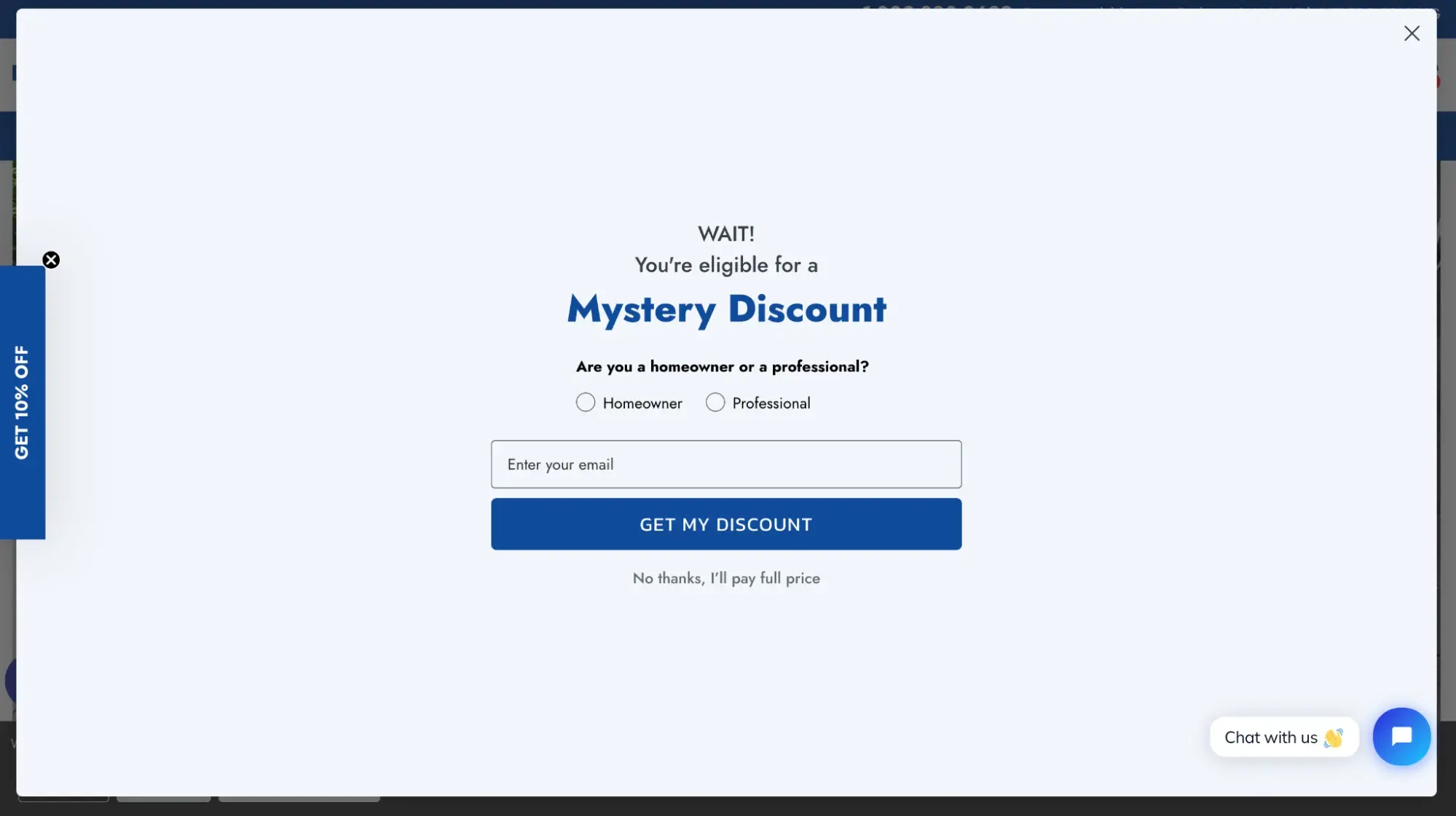 b2b ecommerce website examples: houzers exit intent popup