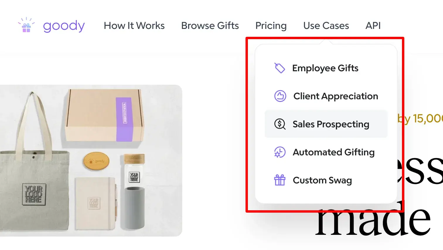 b2b ecommerce website examples: goodys use cases pages in a dropdown menu