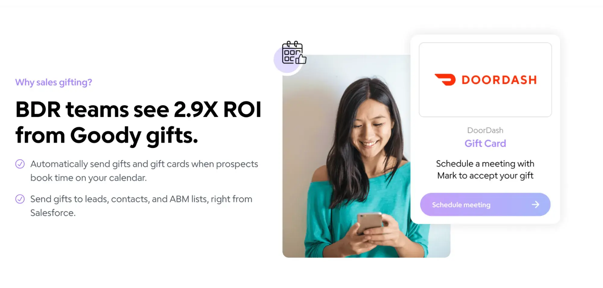 b2b ecommerce website examples: goodys use case page says, bdr teams see 2.9x roi from goody gifts.