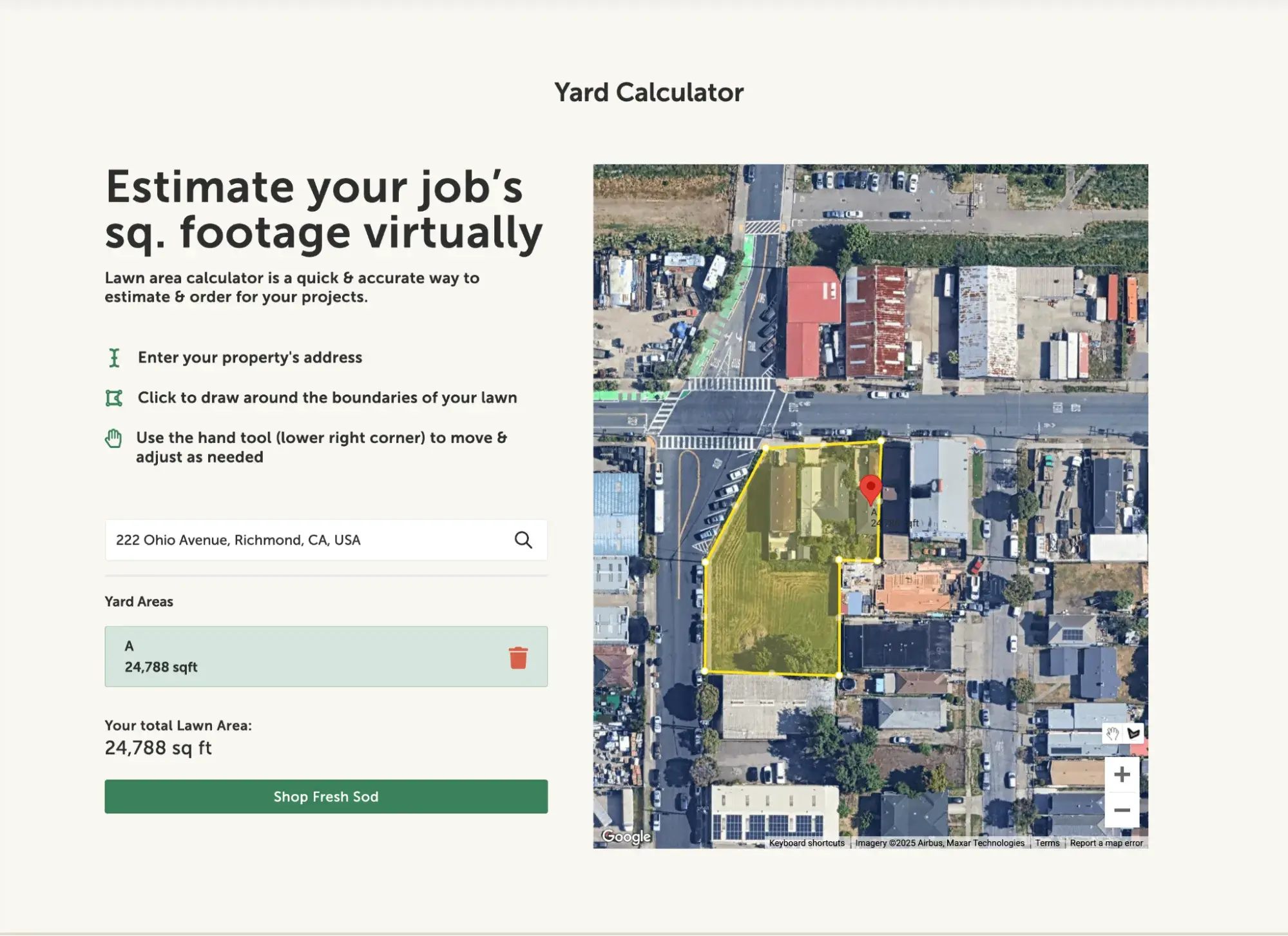 b2b ecommerce website: super-sod yard calculator