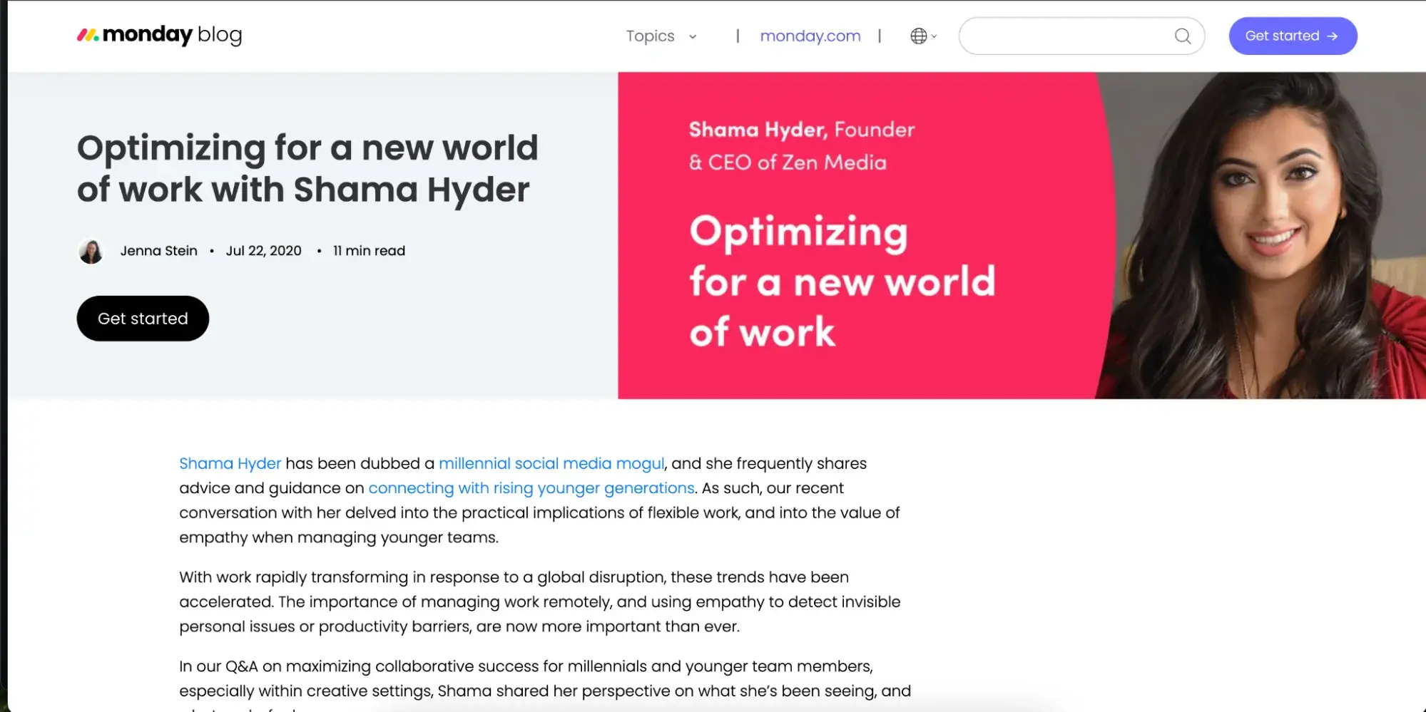 screenshot of b2b influencer marketing article featuring shama hyder on monday.com