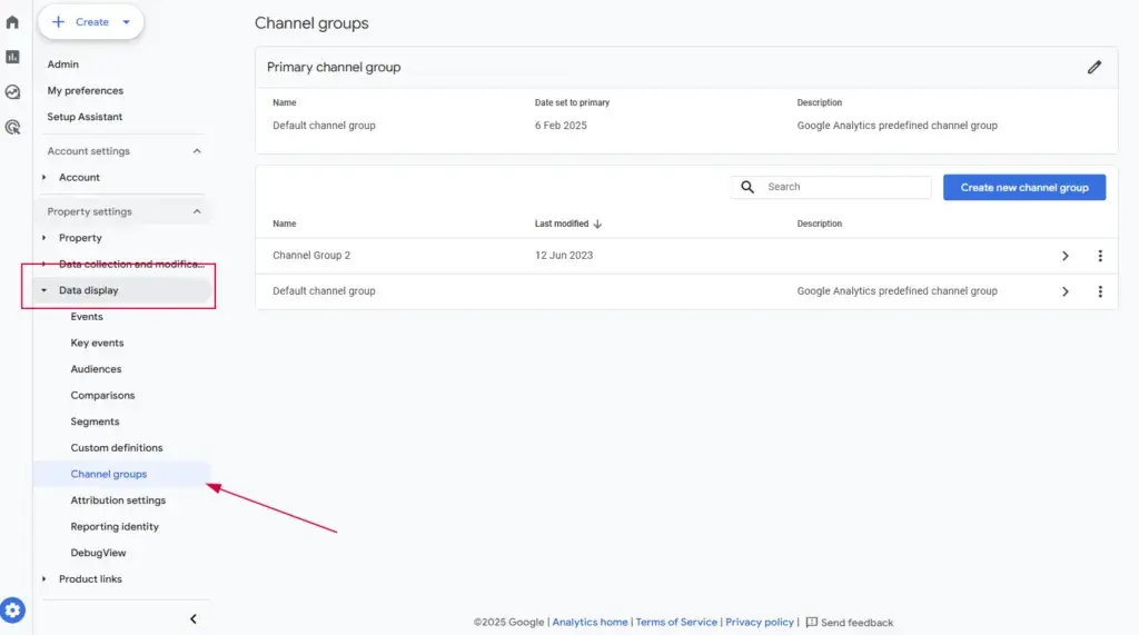 screenshot from ga4 shows how to find channel groups so b2b marketers can track b2b marketing analytical data about traffic coming from ai sources.