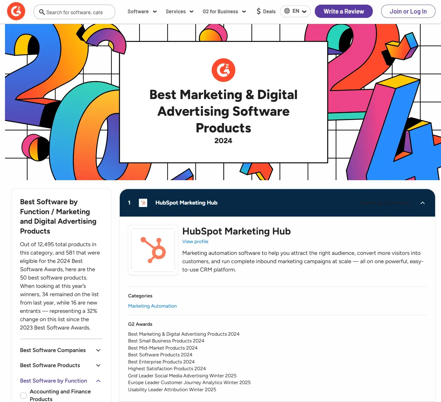 screenshot shows hubspot rated as the number one marketing platform from g2. https://www.g2.com/best-software-companies/top-marketing