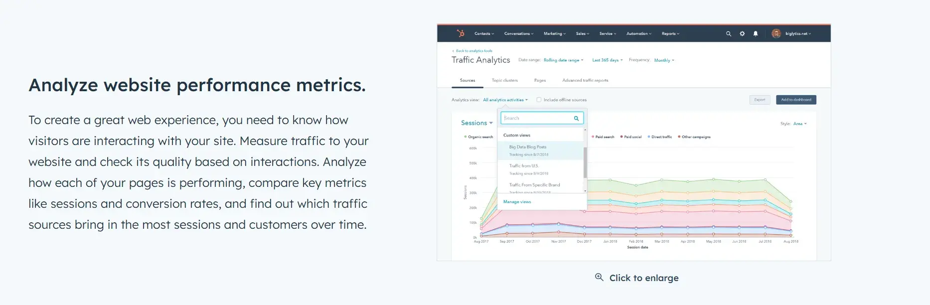 screenshot shows that hubspot’s marketing analytics help b2b marketers measure the most cited b2b marketing analytic engagement metrics in one place.