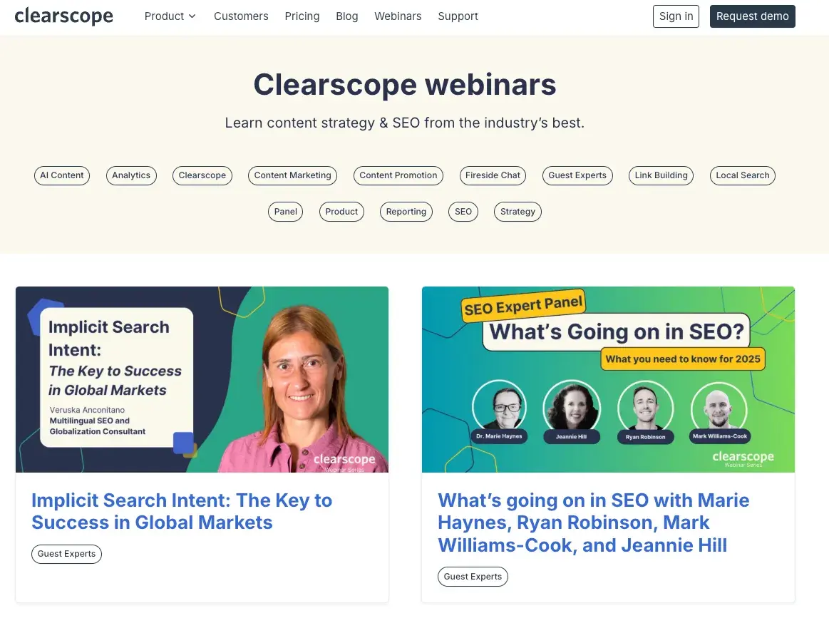 b2b saas marketing example: webinars from clearscope