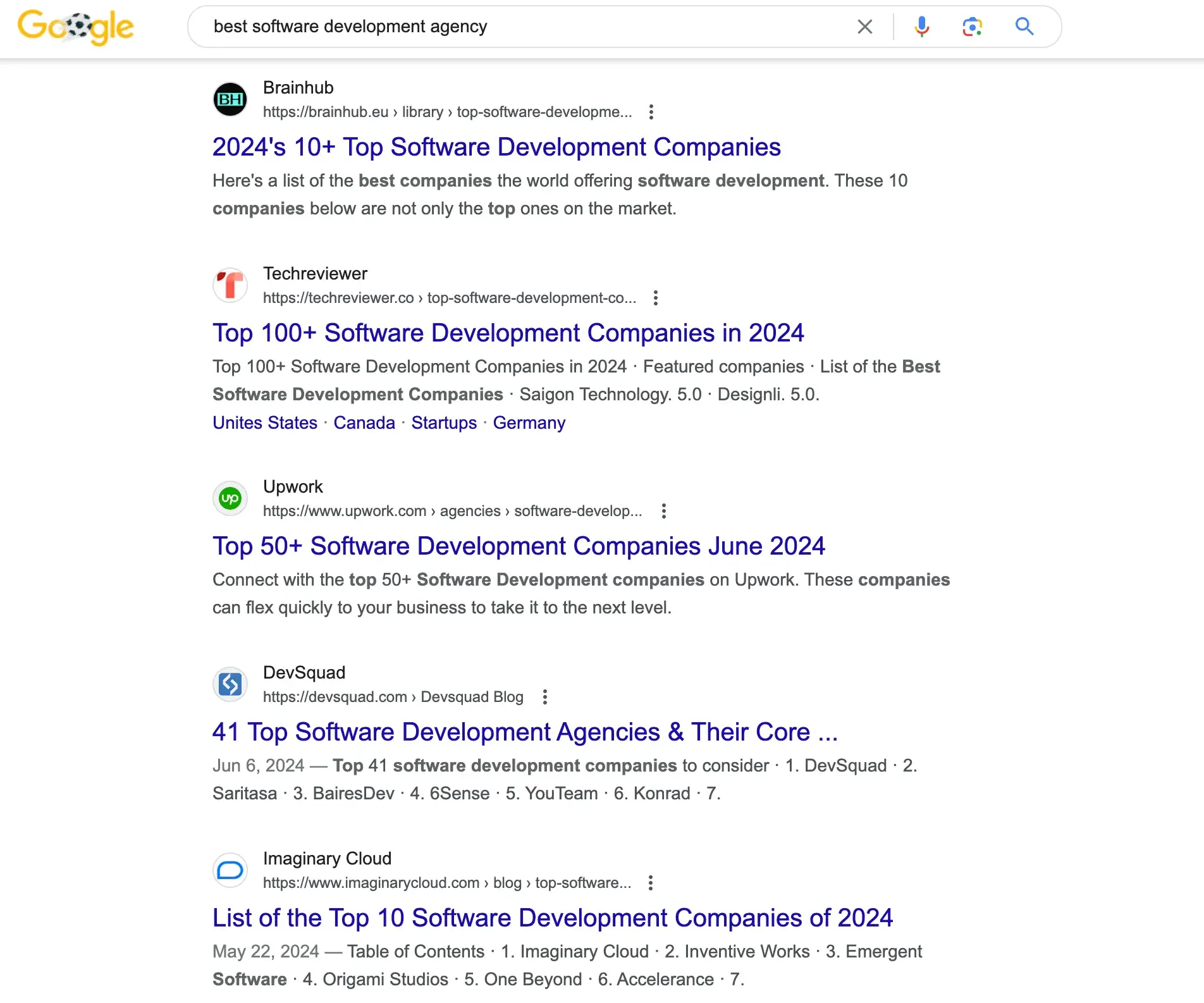 B2B SEO strategy; results from a Google search on ‘best software development agency’