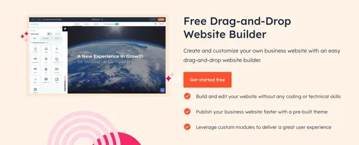 Landing page of HubSpot’s free drag-and-drop-website builder