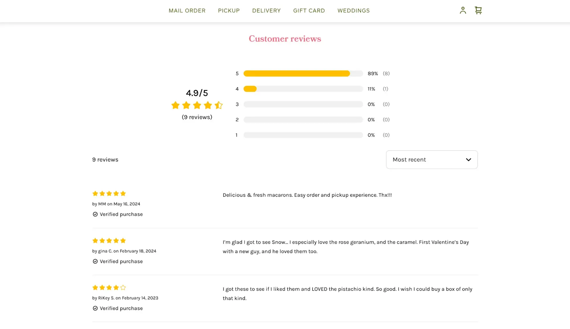 Miette’s customer reviews and star ratings on a product page