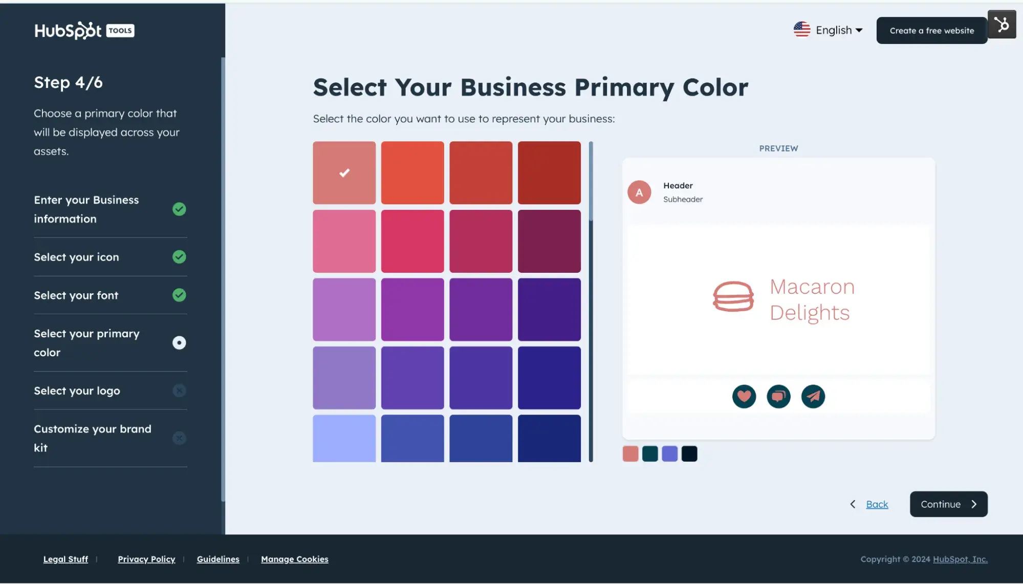 The logo maker prompting the user to pick a business primary color