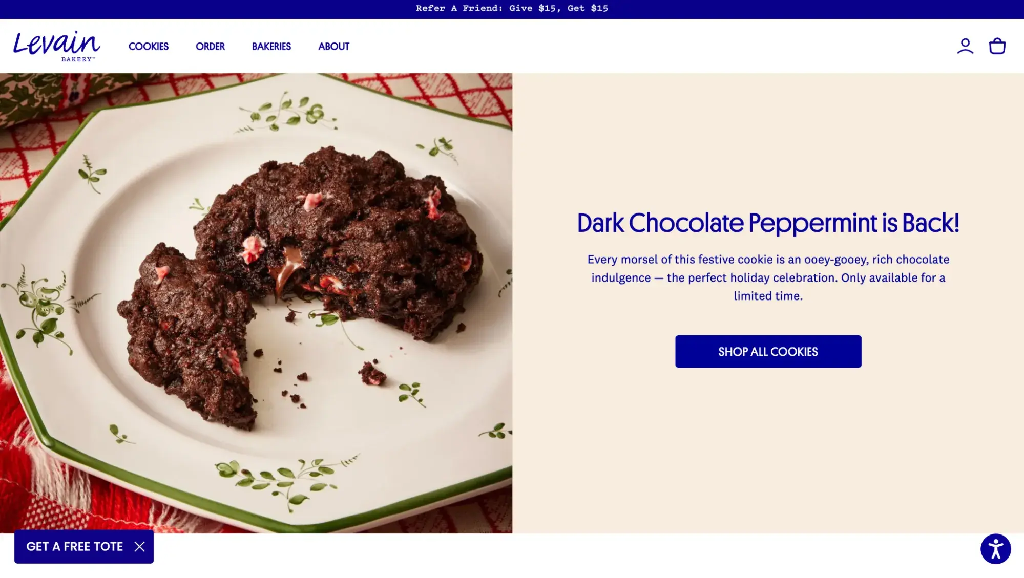 Levain Bakery’s website design with a large dark chocolate peppermint cookie