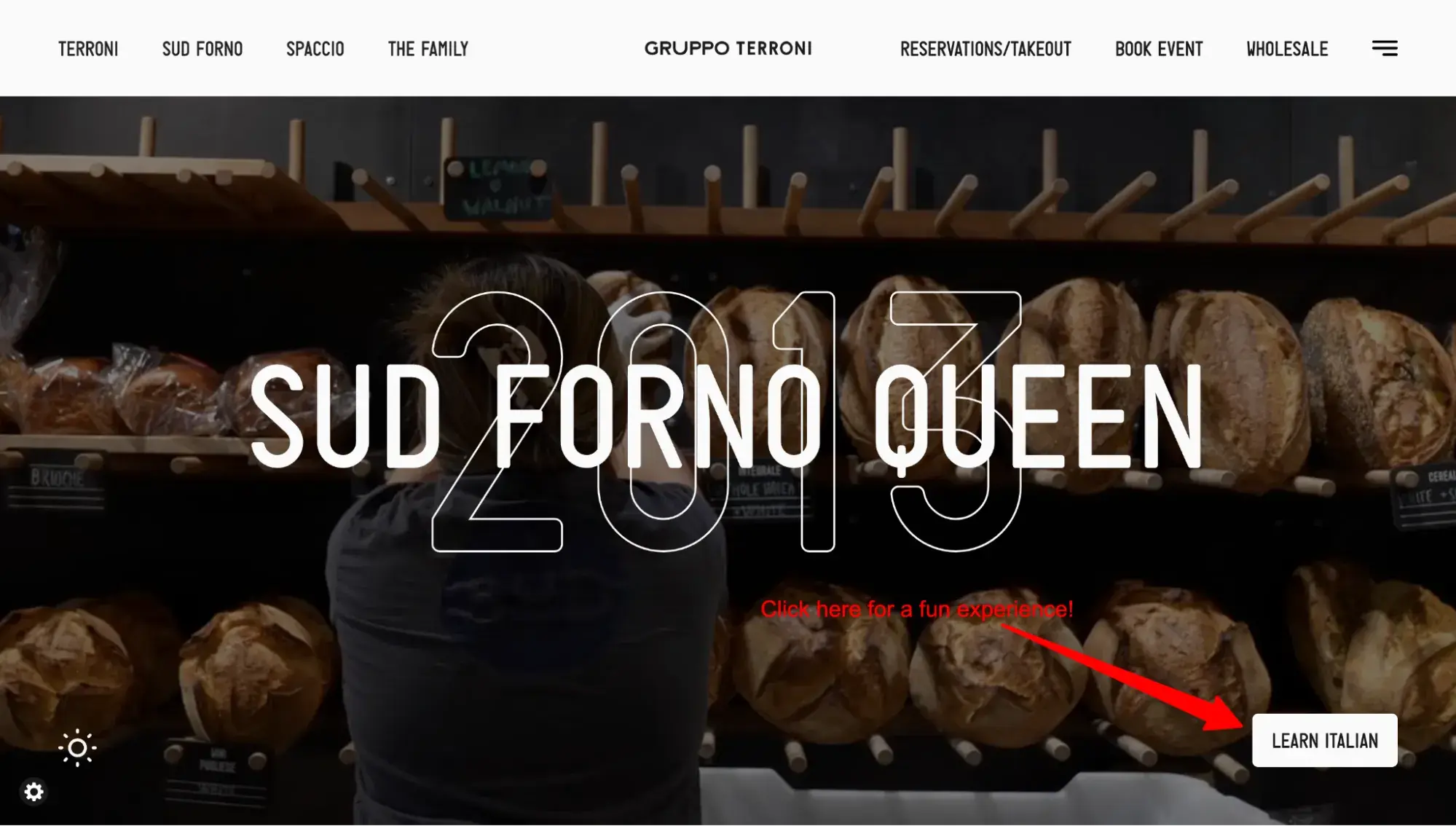 Sud Forno’s website with a “Learn Italian” button in the lower right corner