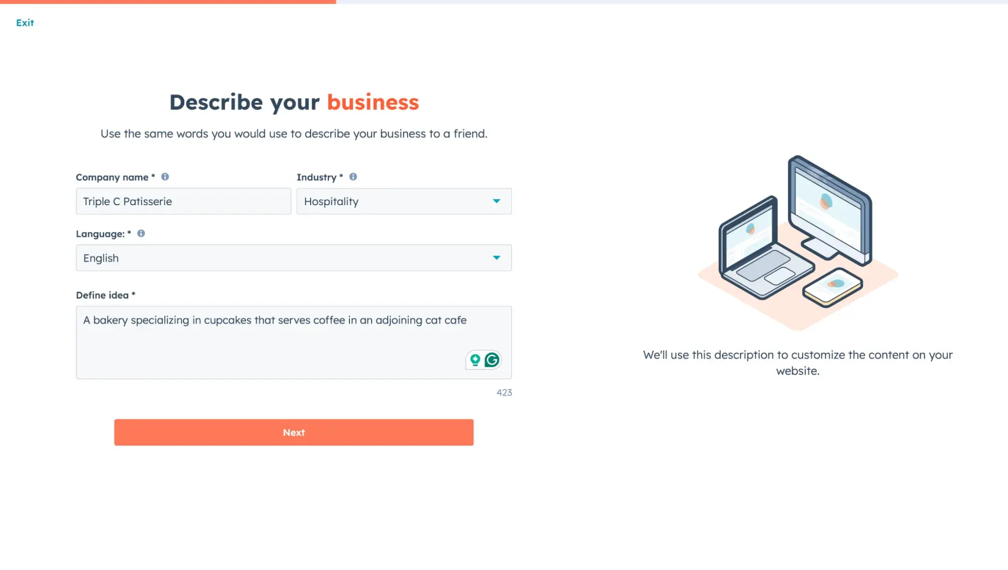 HubSpot’s AI website generator asking the user to describe their business